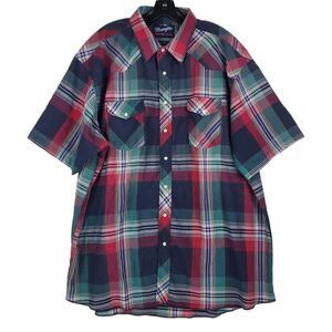 Vintage WRANGLER Shirt Mens 19 Tall Blue X LONG TAILS Pearl Snap Plaid Western